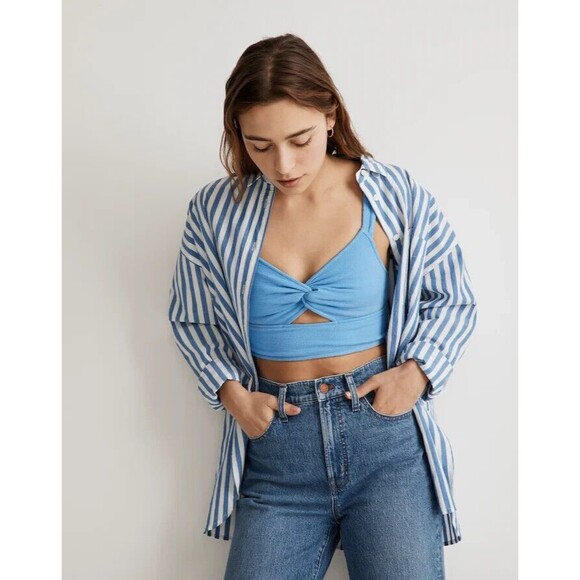 Madewell Sz XS Cutout Knot Front Crop Tank Top Oasis Blue Fitted Sweetheart NWT - Picture 2 of 11